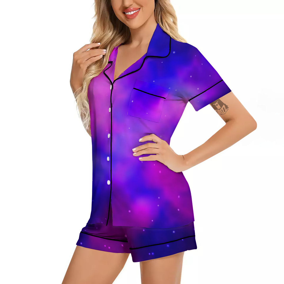 Galaxy Space Purple Nebula Cloud Print Women Silk Pajamas-grizzshop