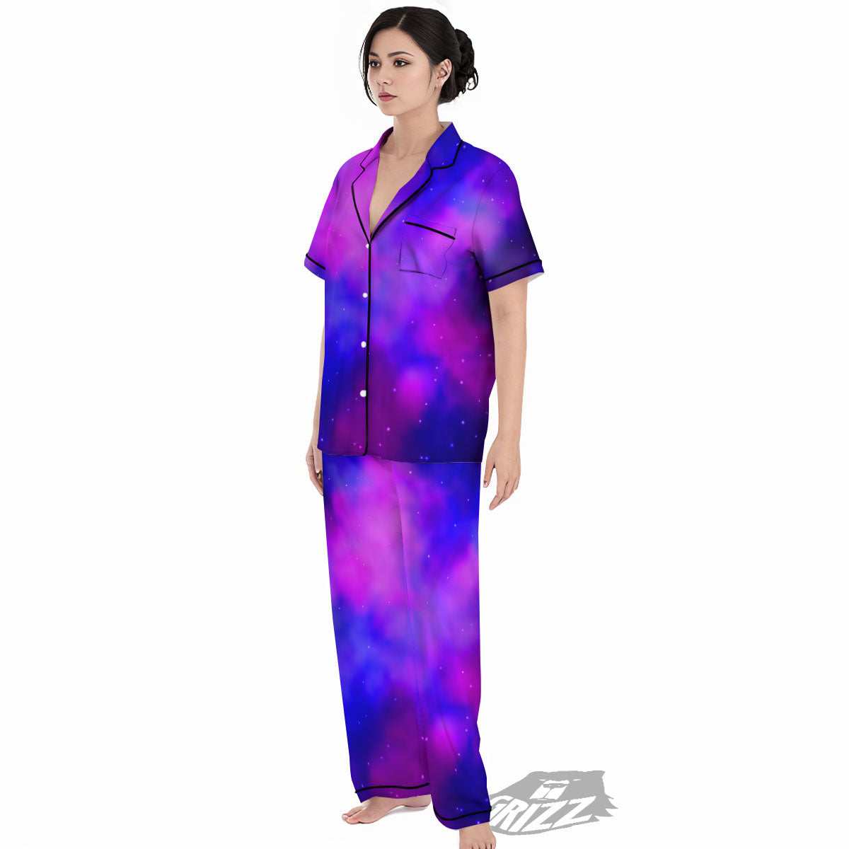 Galaxy Space Purple Nebula Cloud Print Women's Pajamas Set-grizzshop