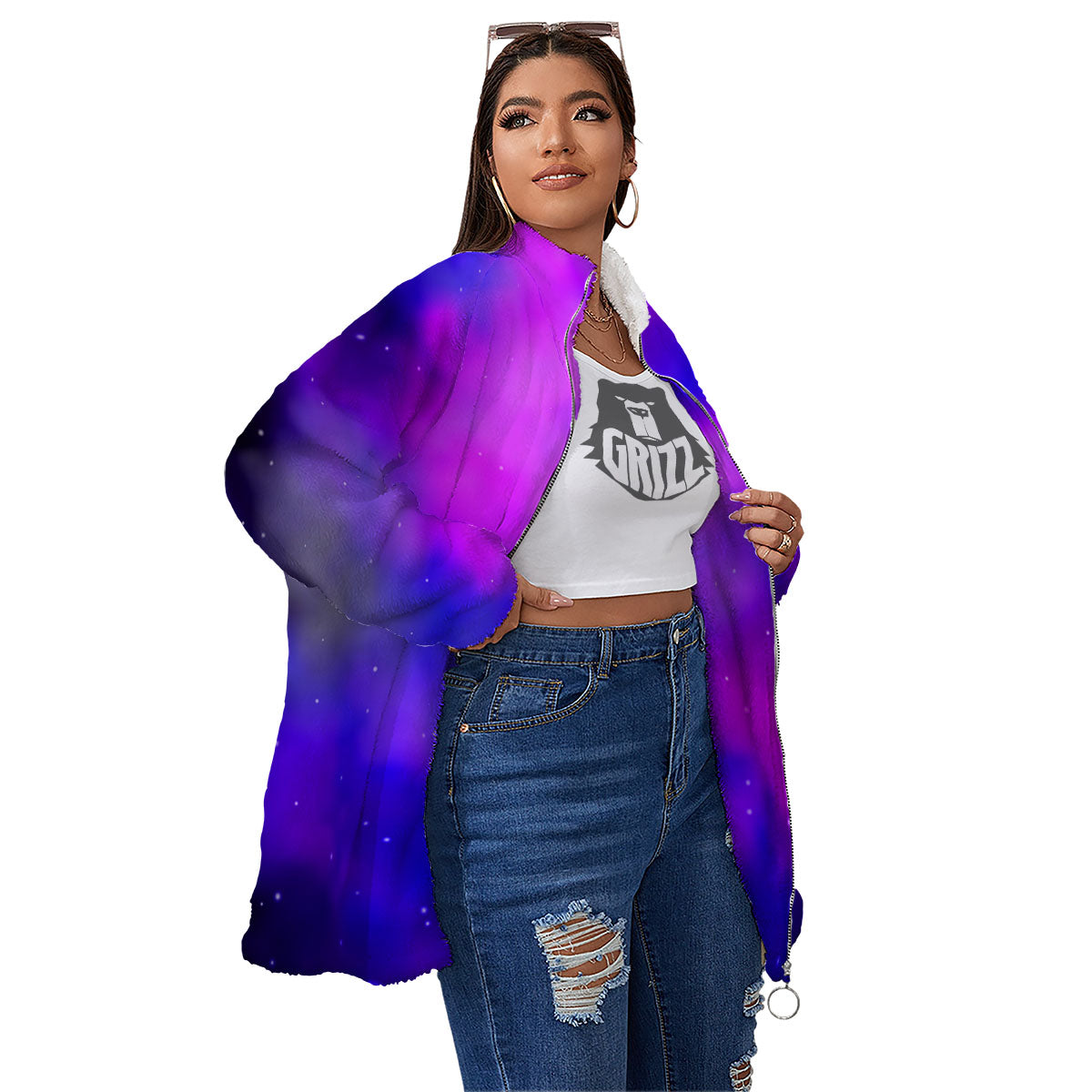 Galaxy Space Purple Nebula Cloud Print Women's Sherpa Jacket-grizzshop