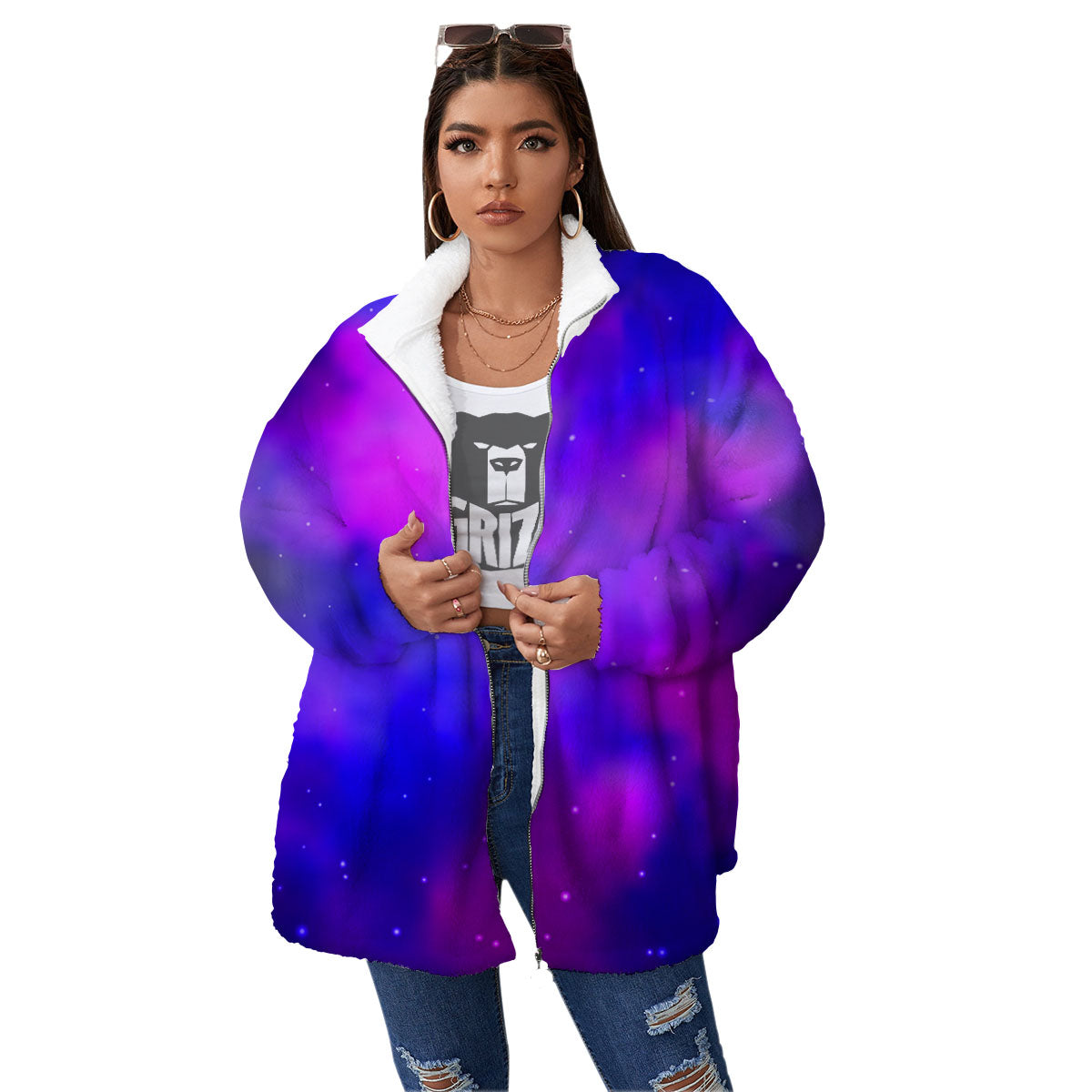 Galaxy Space Purple Nebula Cloud Print Women's Sherpa Jacket-grizzshop