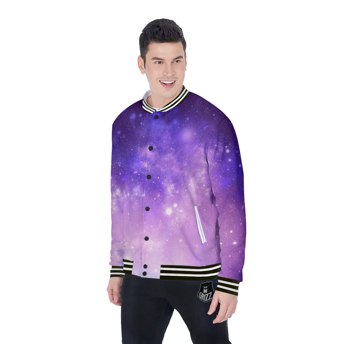 Grizzshopping Galaxy Space Purple Stardust Cloud Print Baseball Jacket