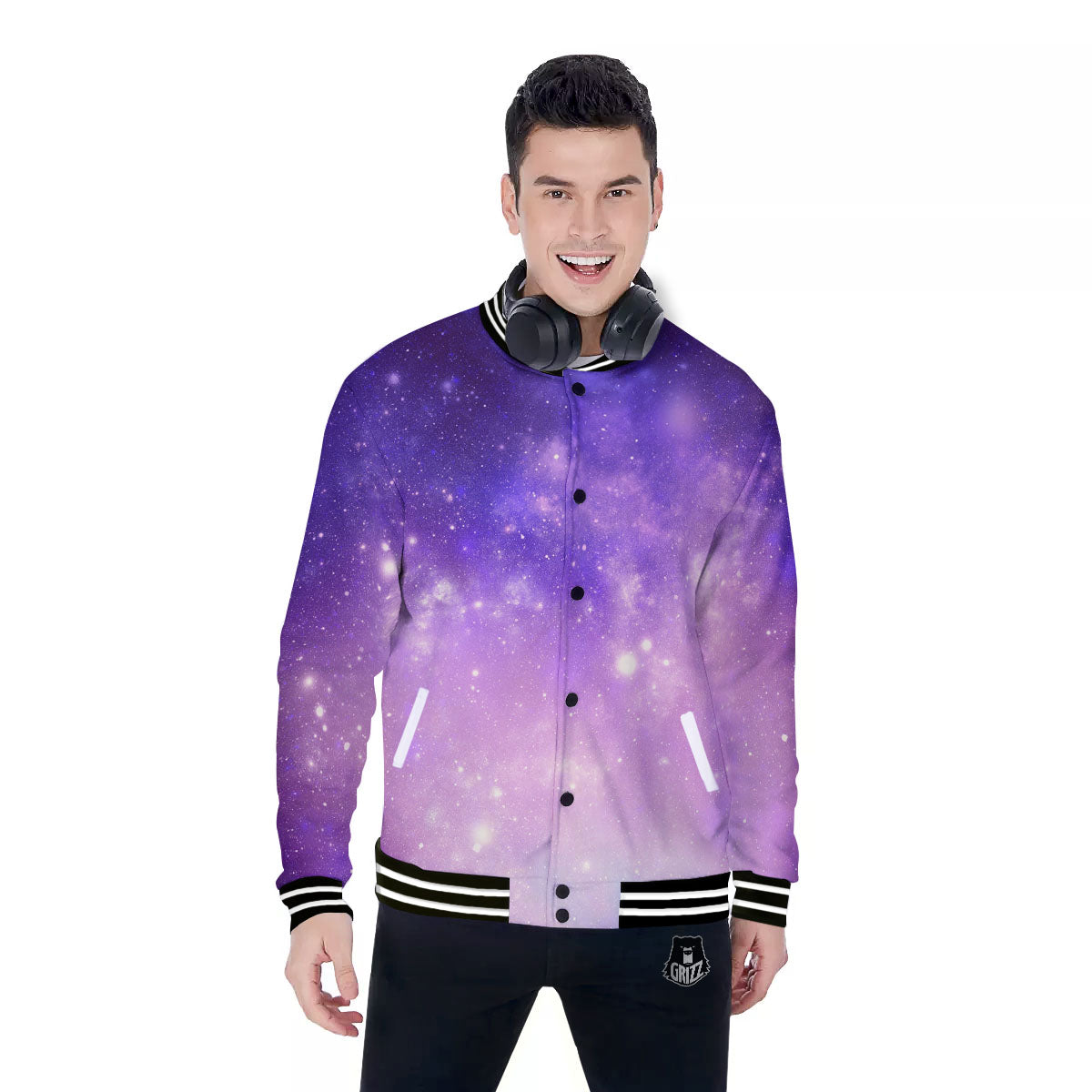 Grizzshopping Galaxy Space Purple Stardust Cloud Print Baseball Jacket