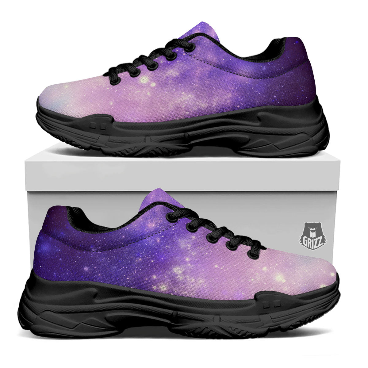 Galaxy Space Purple Stardust Cloud Print Black Chunky Shoes-grizzshop