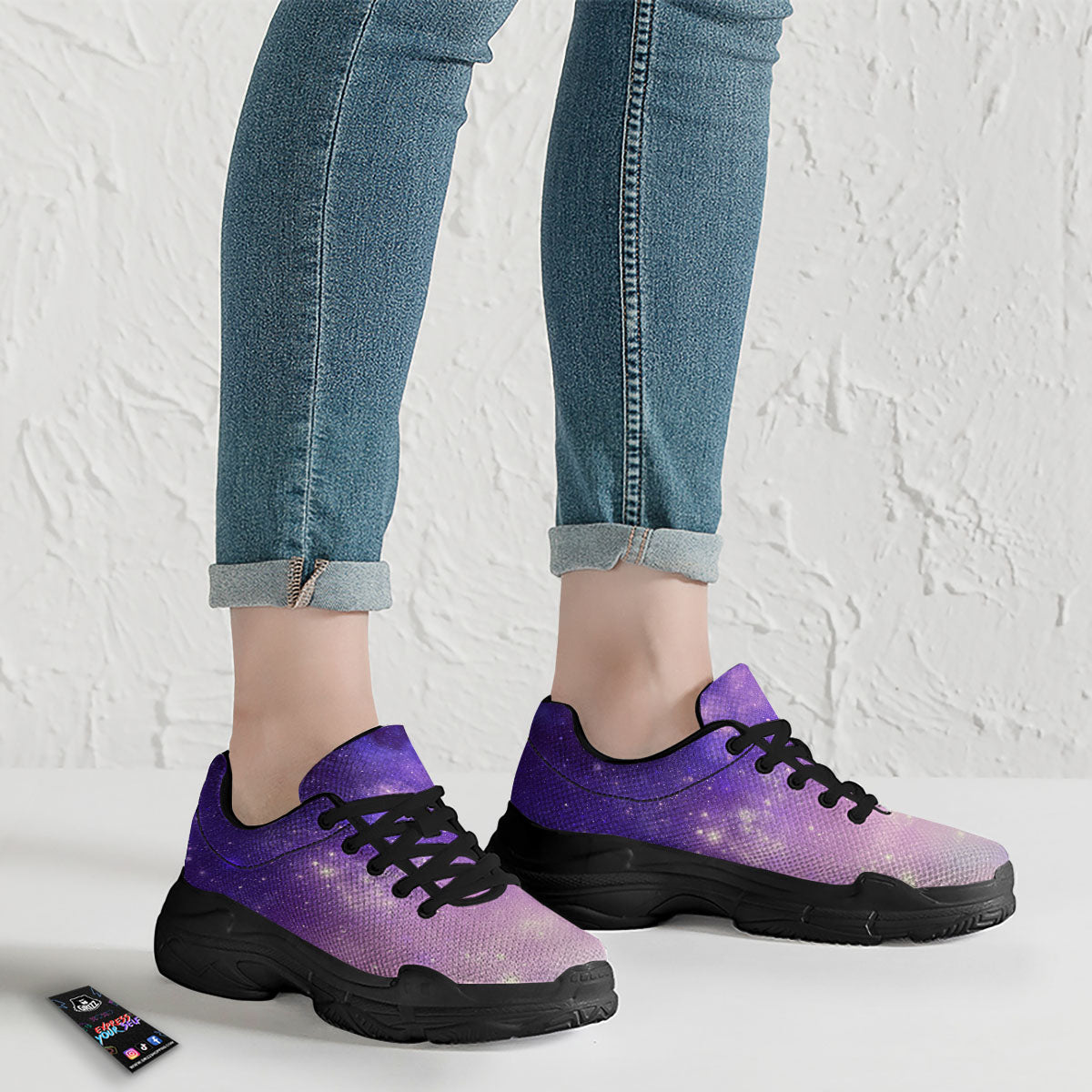 Galaxy Space Purple Stardust Cloud Print Black Chunky Shoes-grizzshop