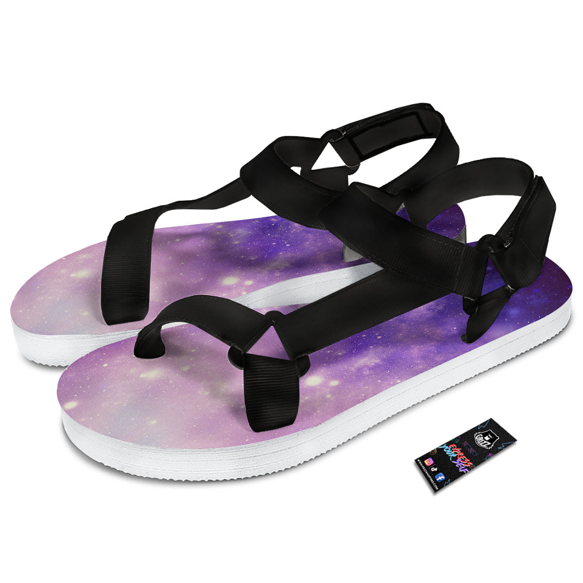Galaxy Space Purple Stardust Cloud Print Black Open Toe Sandals-grizzshop