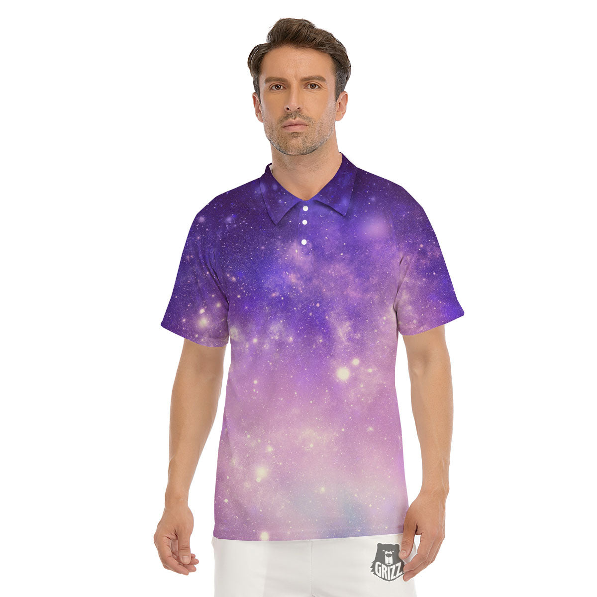 Galaxy Space Purple Stardust Cloud Print Men's Golf Shirts-grizzshop