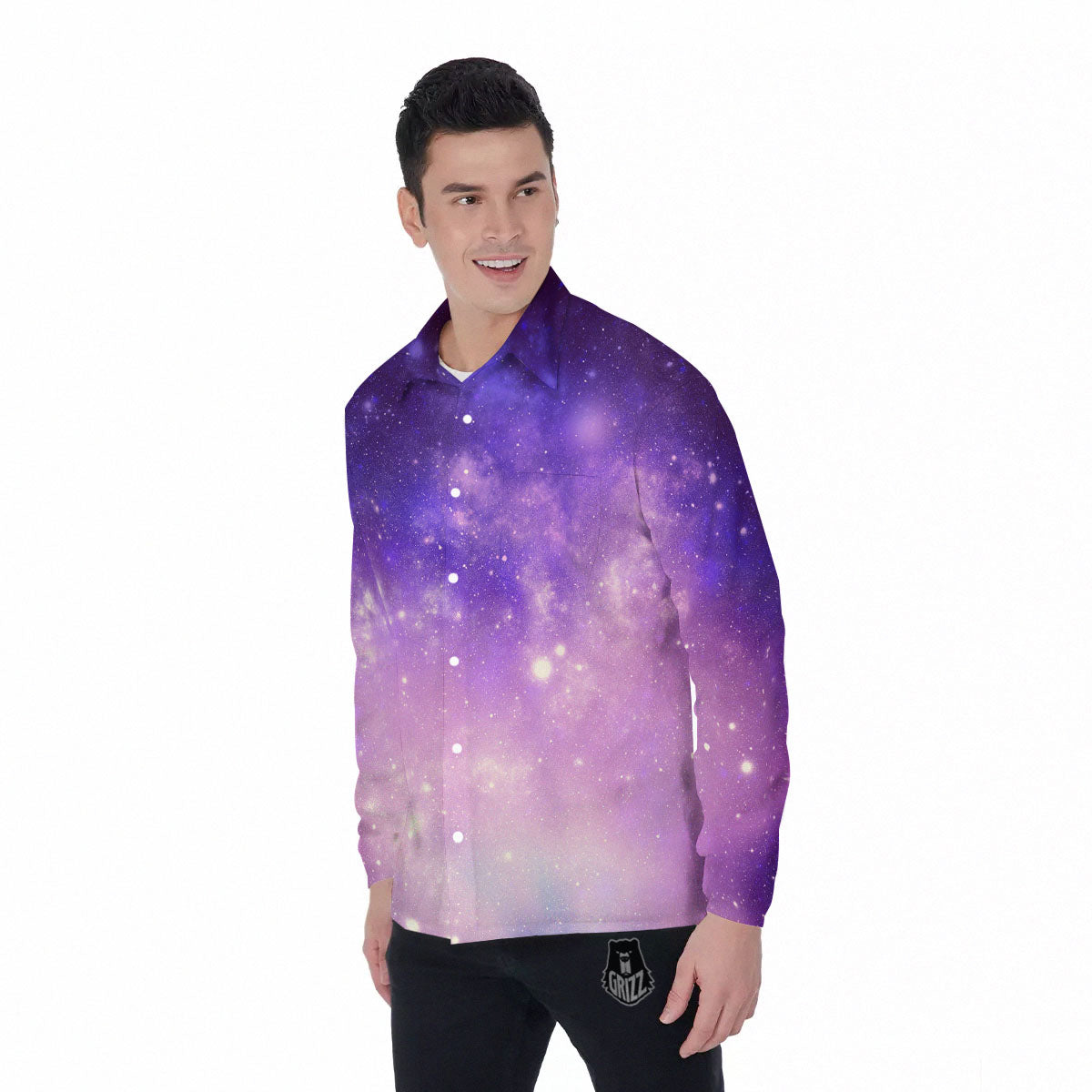 Galaxy Space Purple Stardust Cloud Print Men's Long Sleeve Shirts-grizzshop