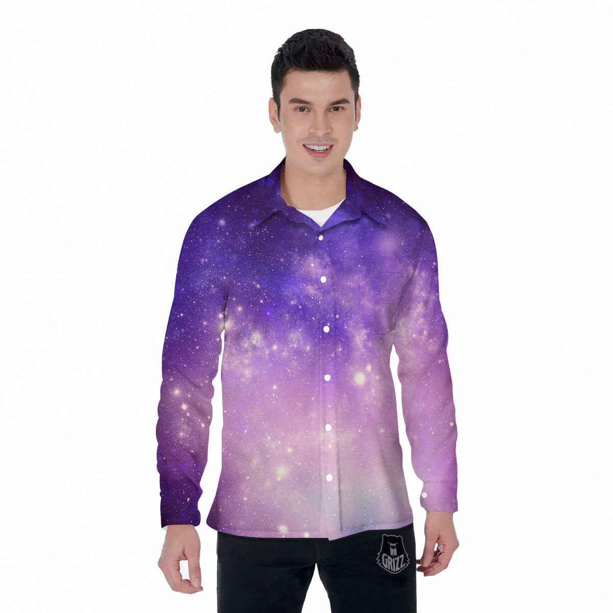 Galaxy Space Purple Stardust Cloud Print Men's Long Sleeve Shirts-grizzshop