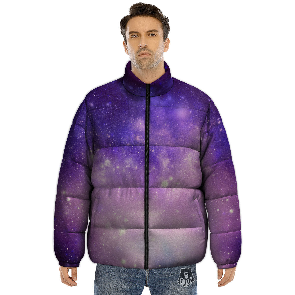 Galaxy Space Purple Stardust Cloud Print Puffer Jacket-grizzshop