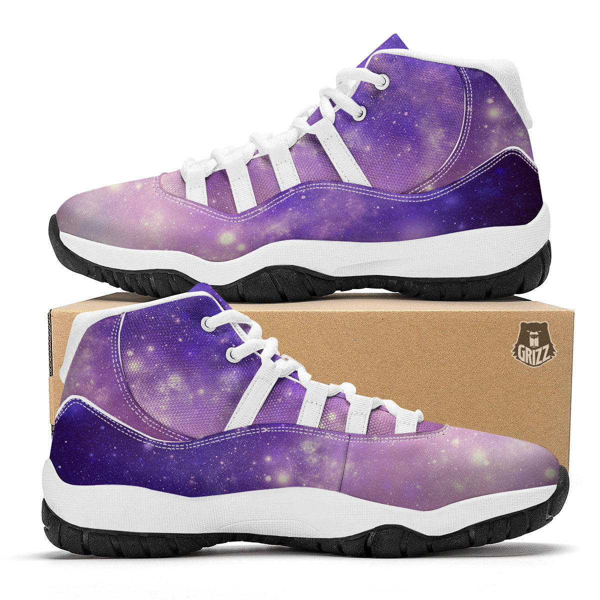 Galaxy Space Purple Stardust Cloud Print White Bball Shoes-grizzshop