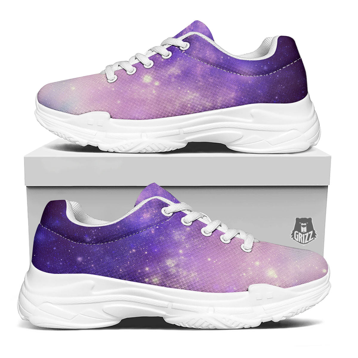 Galaxy Space Purple Stardust Cloud Print White Chunky Shoes-grizzshop
