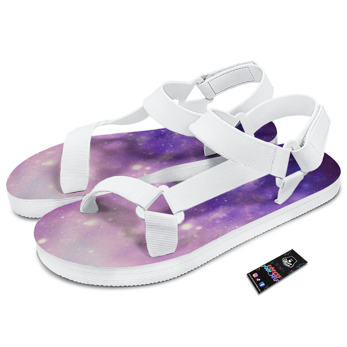 Galaxy Space Purple Stardust Cloud Print White Open Toe Sandals-grizzshop