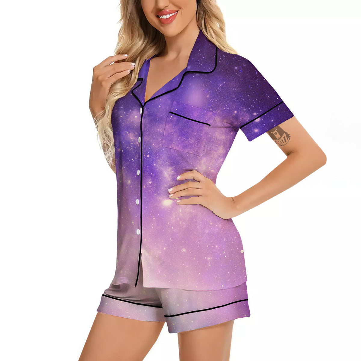 Galaxy Space Purple Stardust Cloud Print Women Silk Pajamas-grizzshop
