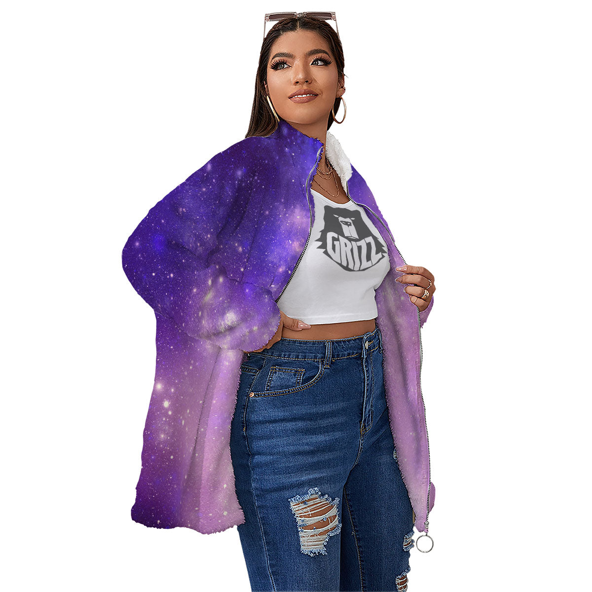 Galaxy Space Purple Stardust Cloud Print Women's Sherpa Jacket-grizzshop