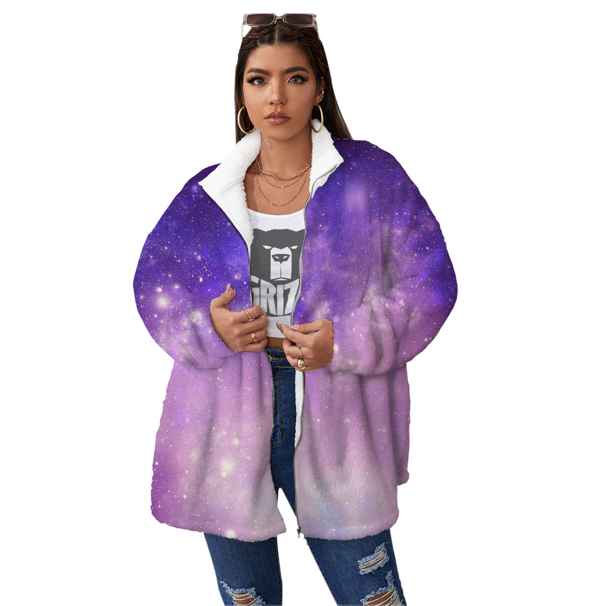 Galaxy Space Purple Stardust Cloud Print Women's Sherpa Jacket-grizzshop