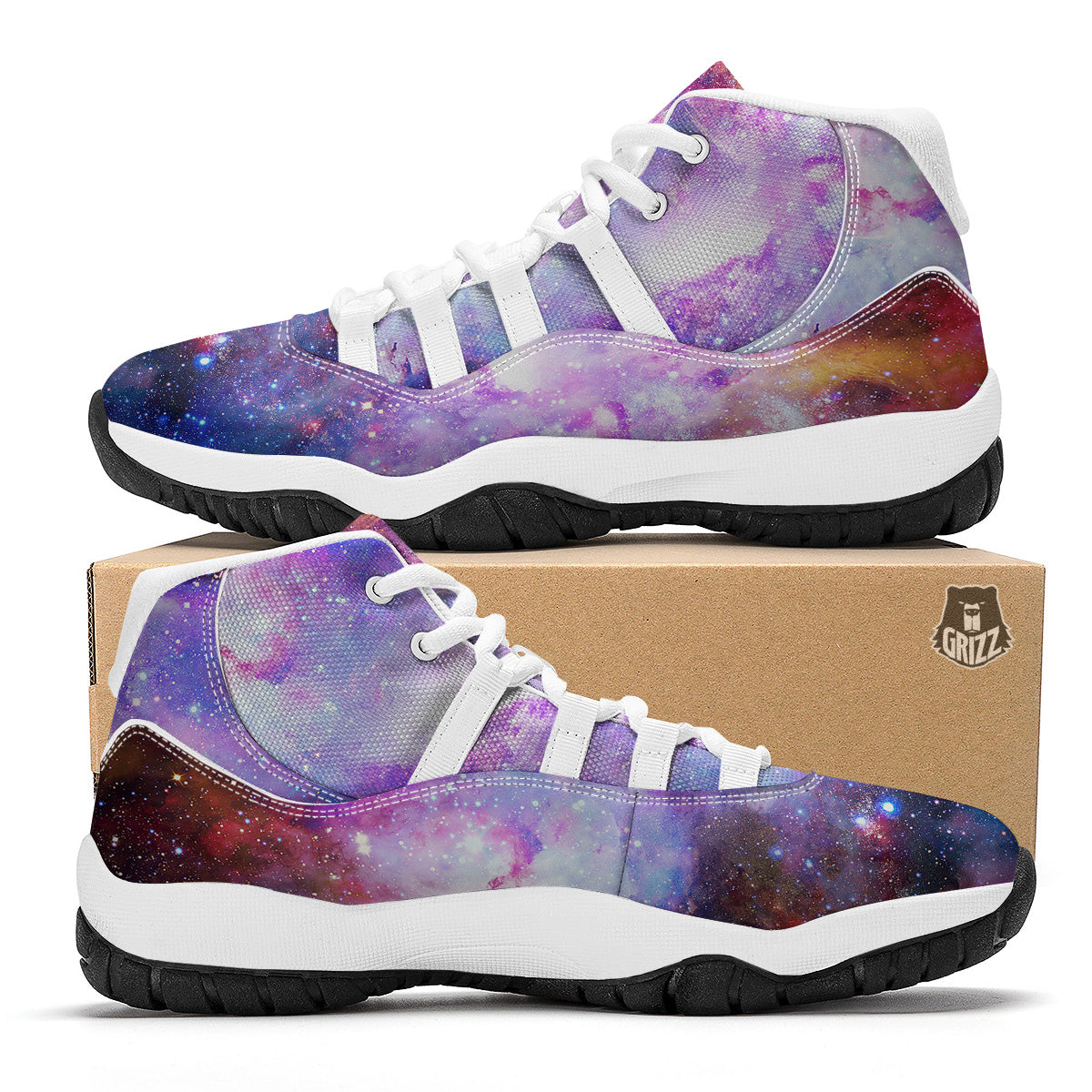 Galaxy Space Purple Stardust Print White Bball Shoes-grizzshop