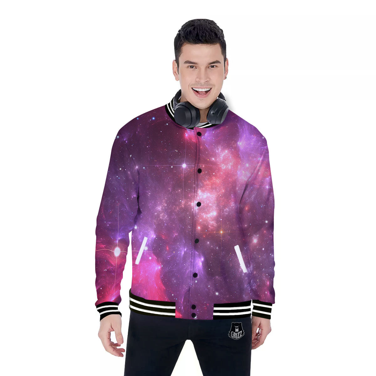 Galaxy Space Purple Starfield Print Baseball Jacket-grizzshop