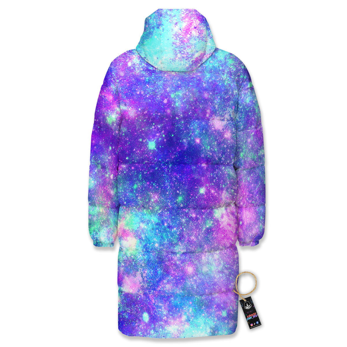 Galaxy Space Purple Turquoise Print Long Down Jacket-grizzshop