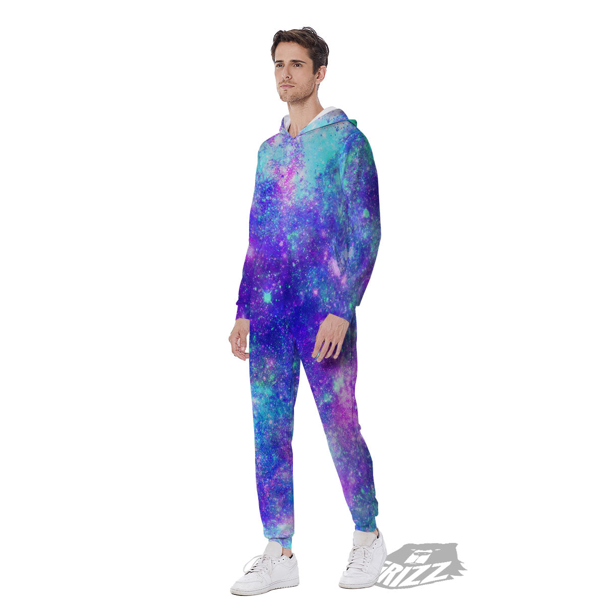Galaxy Space Purple Turquoise Print Men's Jumpsuit-grizzshop