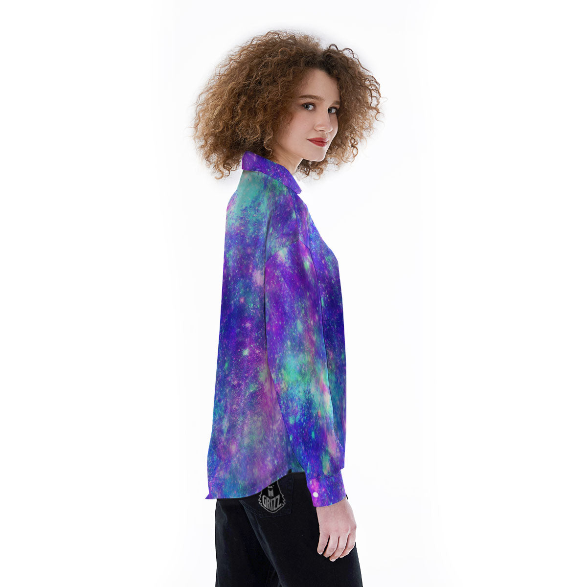 Galaxy Space Purple Turquoise Print Women's Long Sleeve Shirts-grizzshop