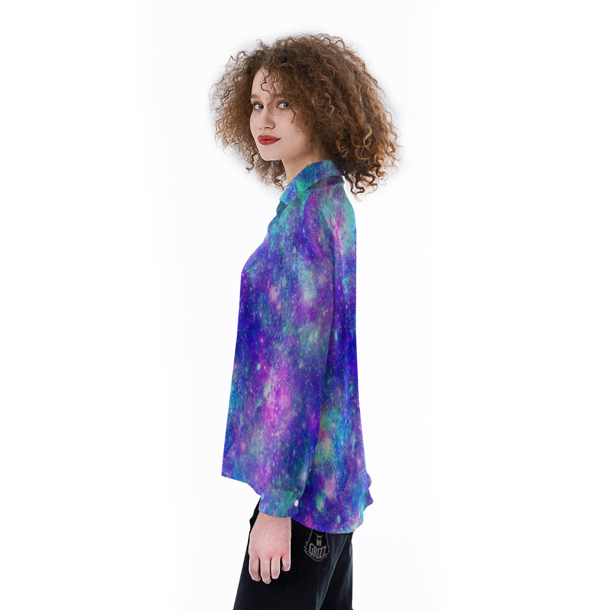 Galaxy Space Purple Turquoise Print Women's Long Sleeve Shirts-grizzshop