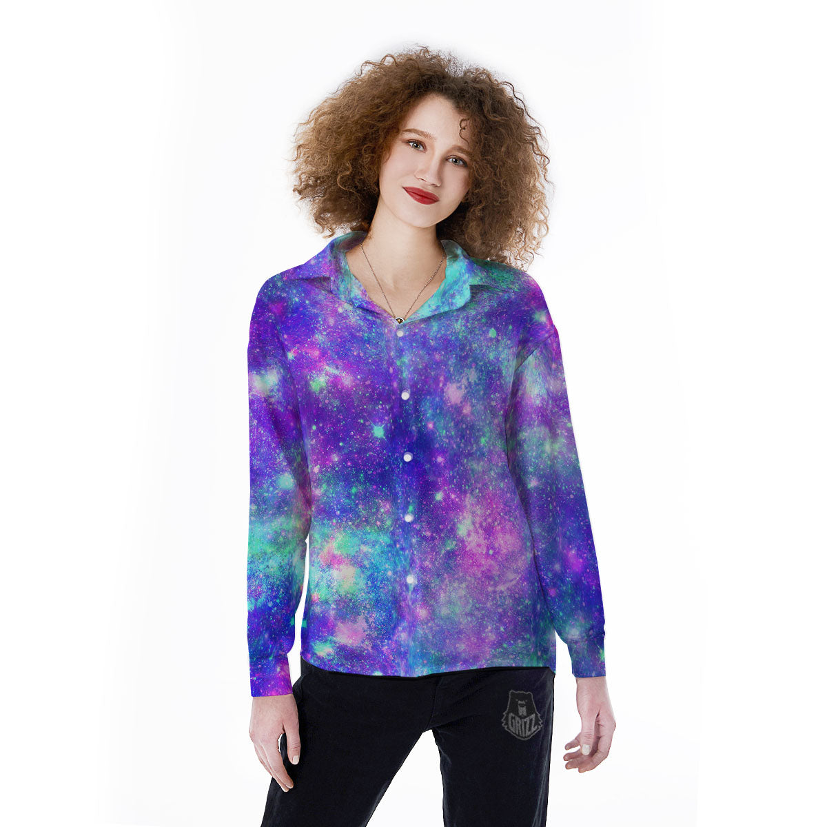 Galaxy Space Purple Turquoise Print Women's Long Sleeve Shirts-grizzshop