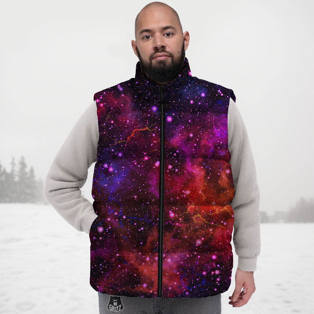 Galaxy Space Red Purple Nebula Print Down Vest