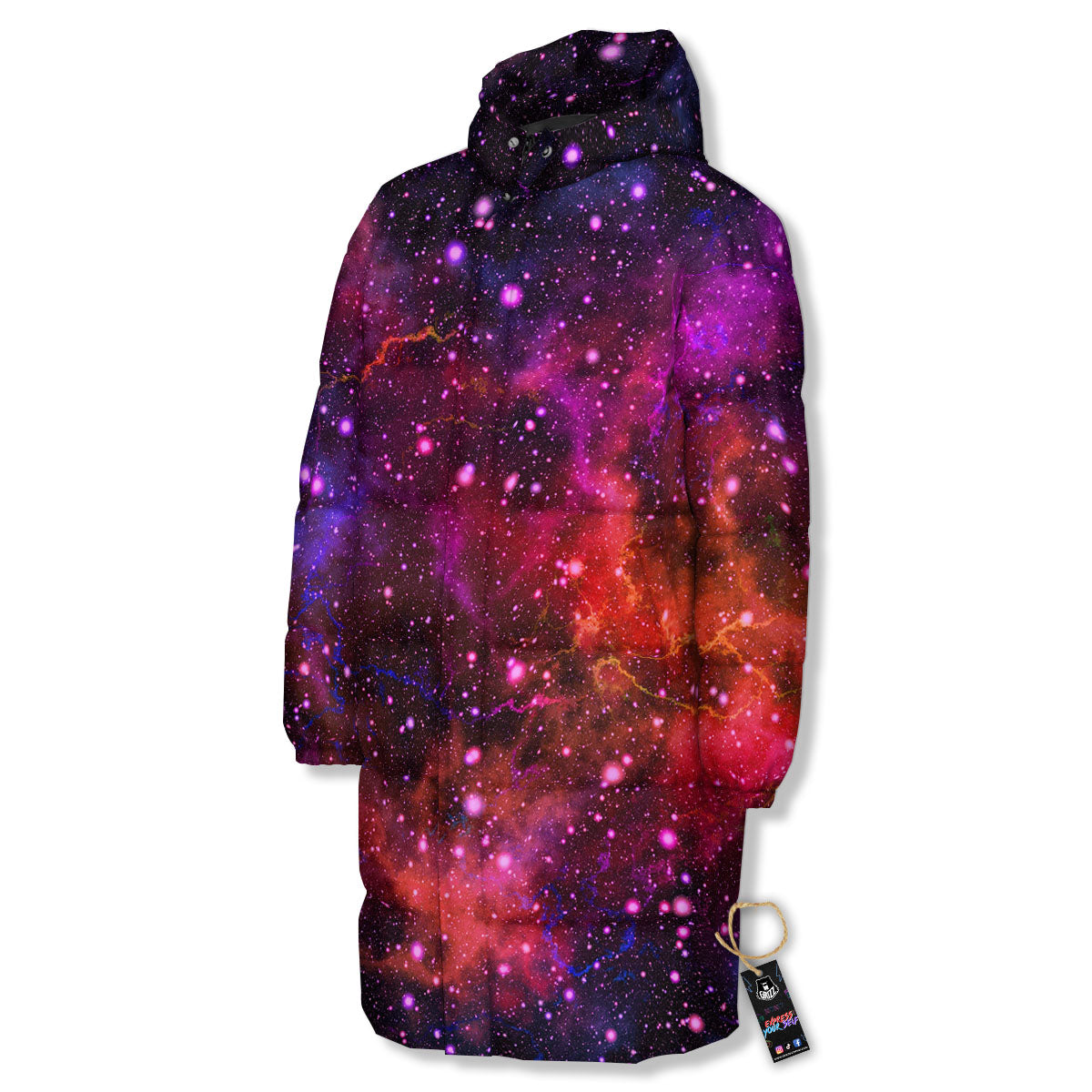Galaxy Space Red Purple Nebula Print Long Down Jacket-grizzshop