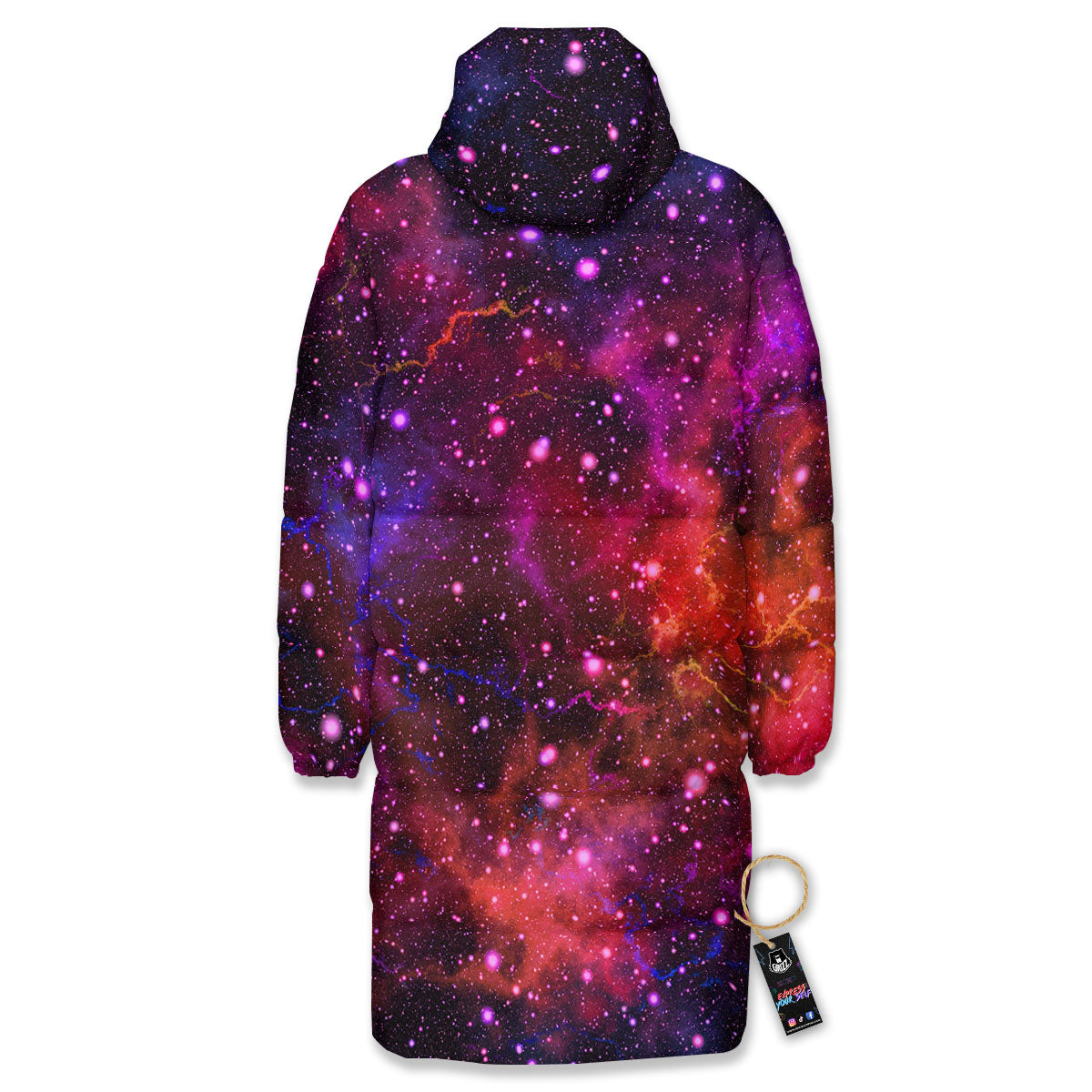 Galaxy Space Red Purple Nebula Print Long Down Jacket-grizzshop
