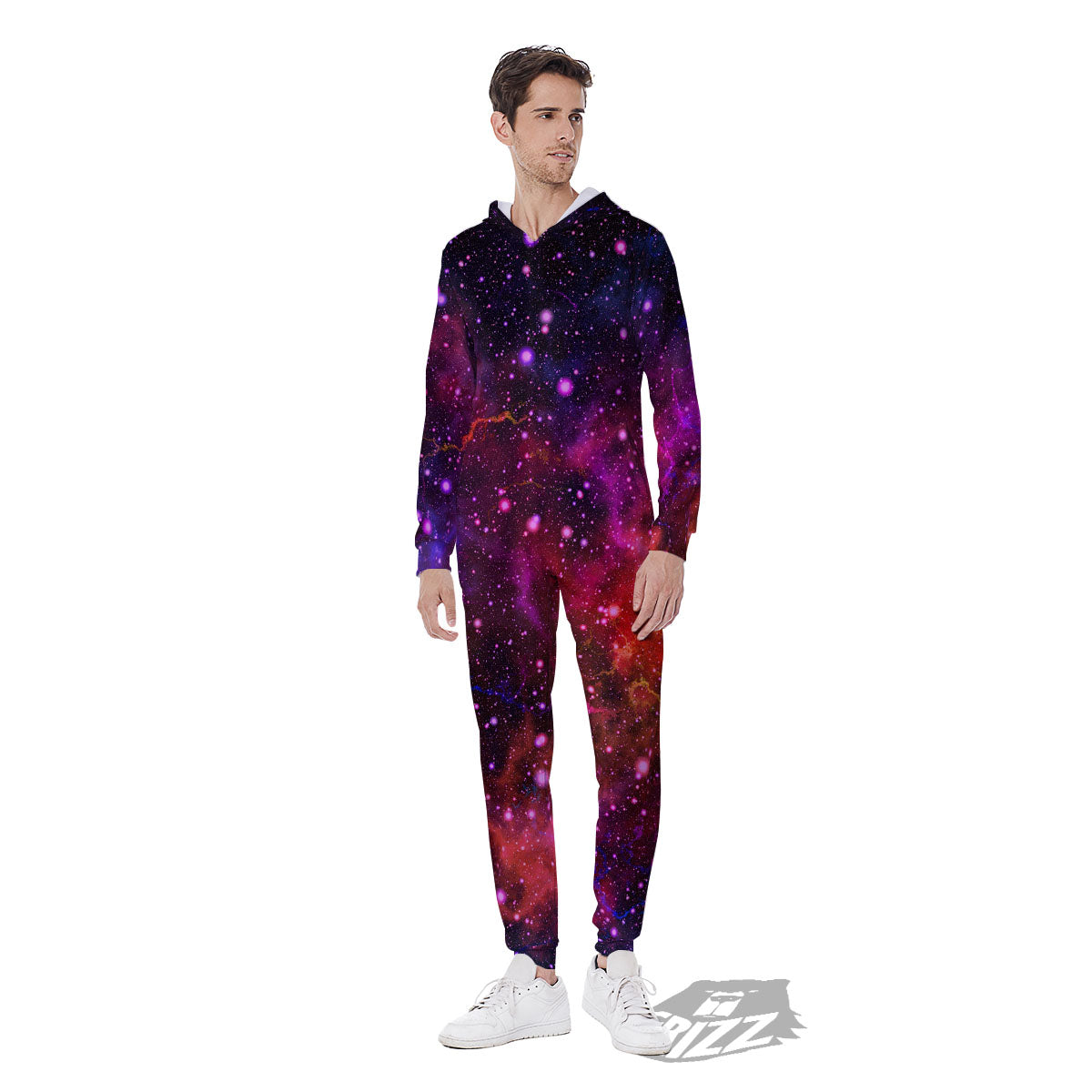 Galaxy Space Red Purple Nebula Print Men's Jumpsuit-grizzshop
