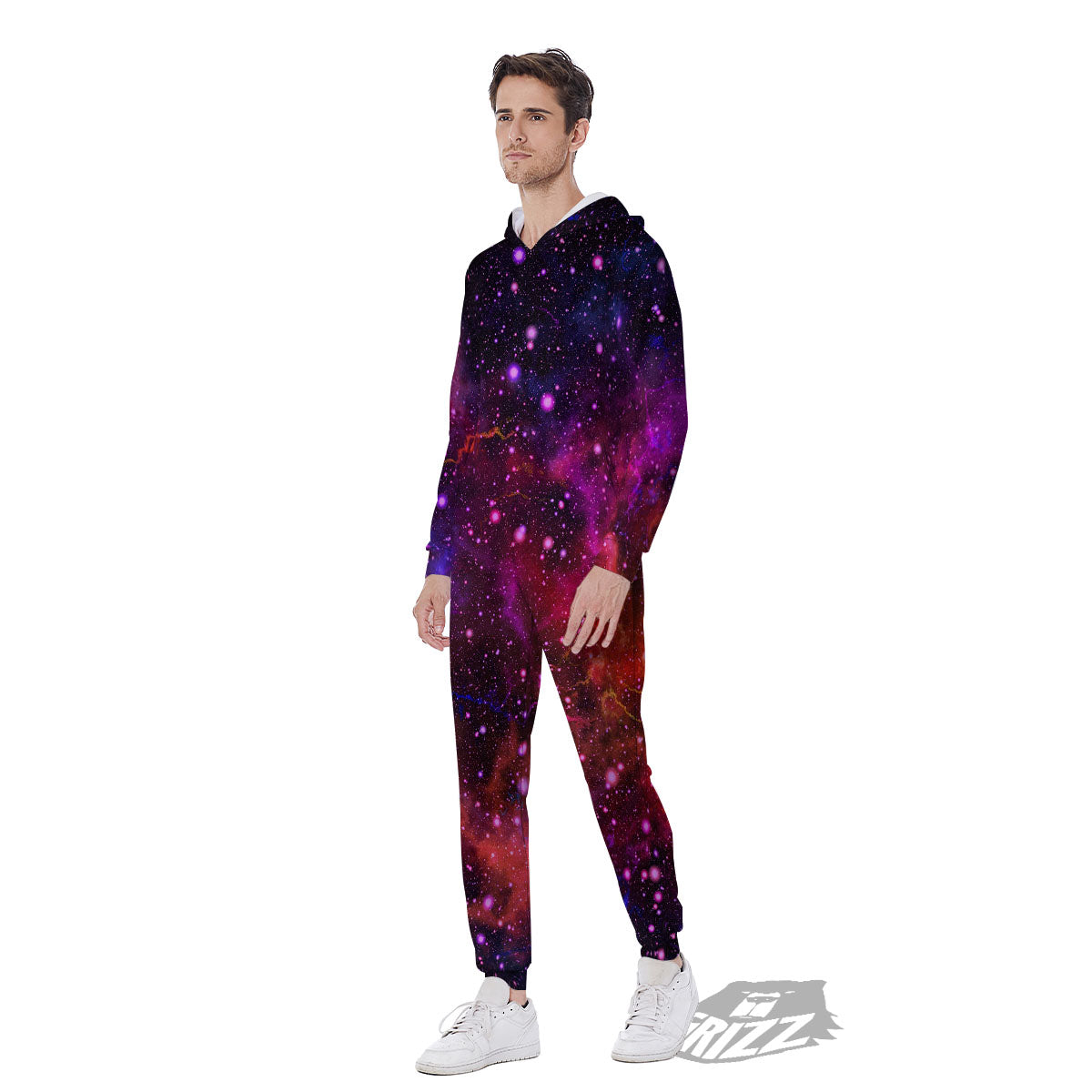 Galaxy Space Red Purple Nebula Print Men's Jumpsuit-grizzshop