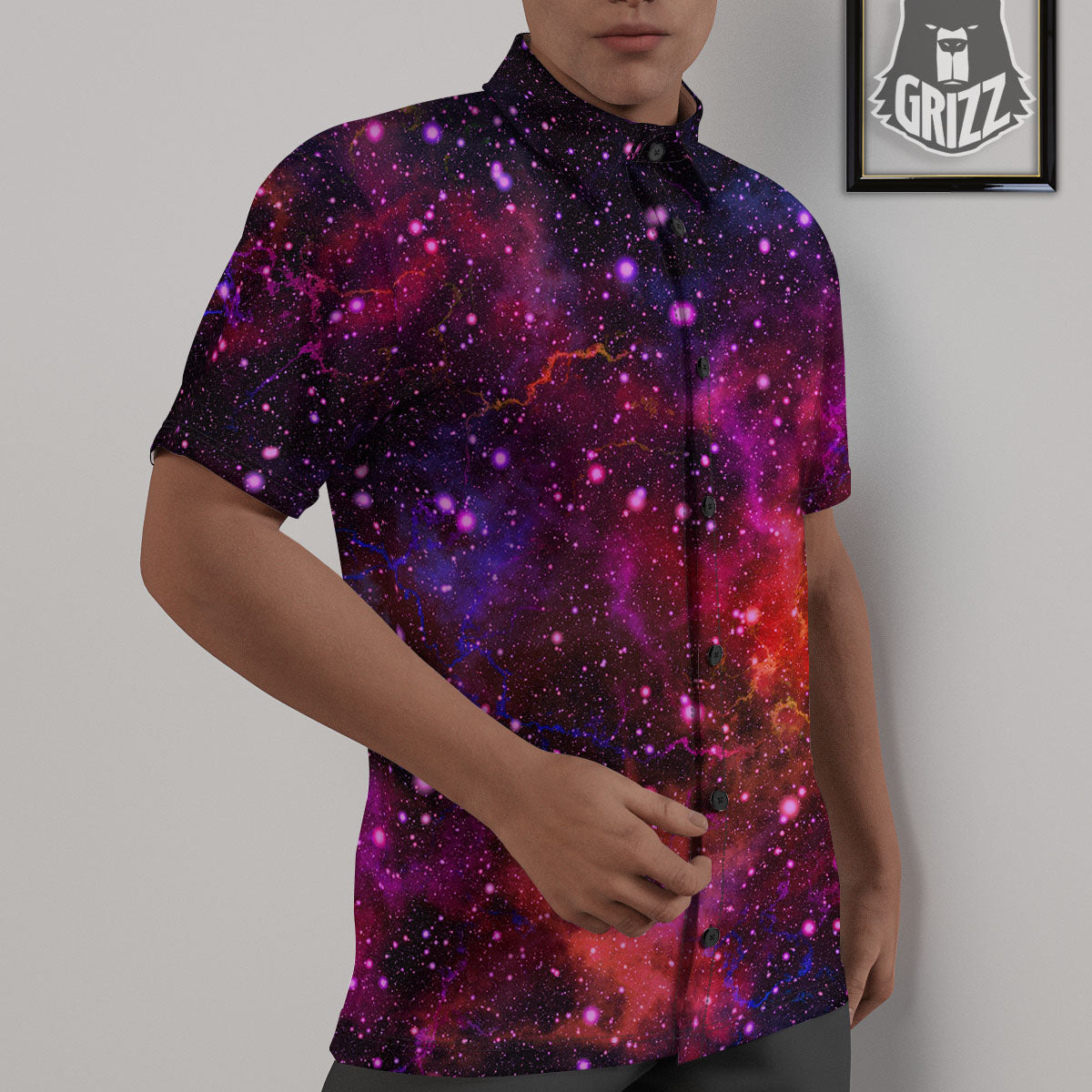 Galaxy Space Red Purple Nebula Print Untucked Shirts-grizzshop