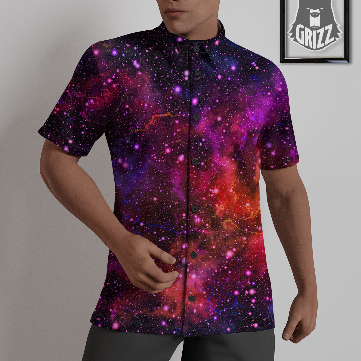Galaxy Space Red Purple Nebula Print Untucked Shirts-grizzshop