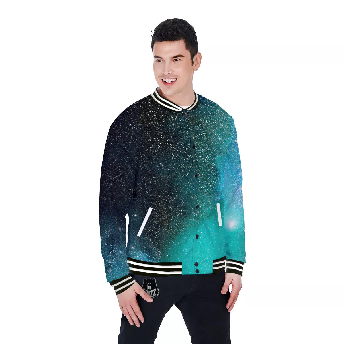 Galaxy Space Teal Stardust Print Baseball Jacket-grizzshop