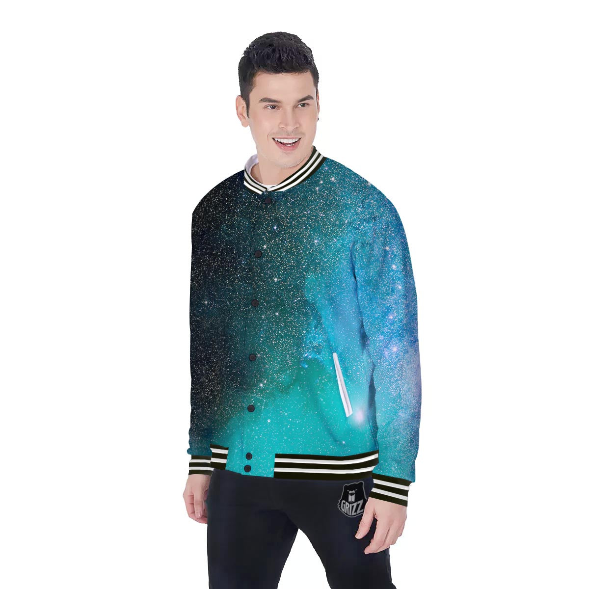 Galaxy Space Teal Stardust Print Baseball Jacket-grizzshop