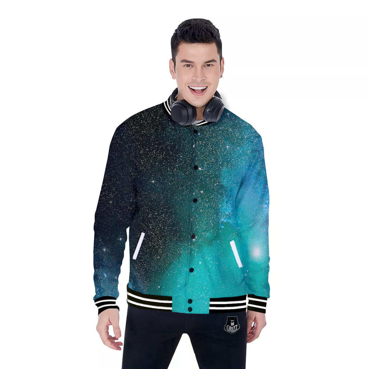 Galaxy Space Teal Stardust Print Baseball Jacket-grizzshop