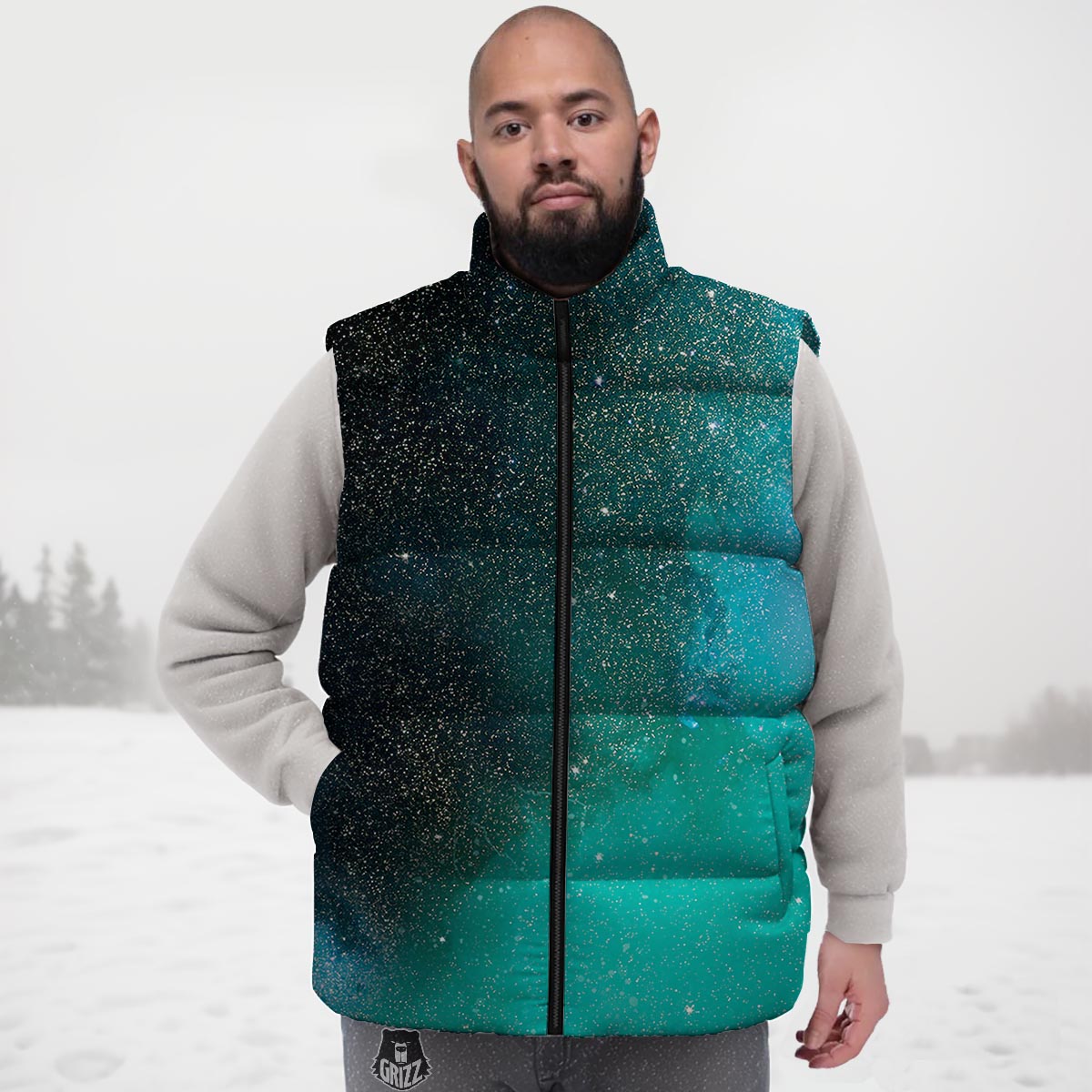 Galaxy Space Teal Stardust Print Down Vest