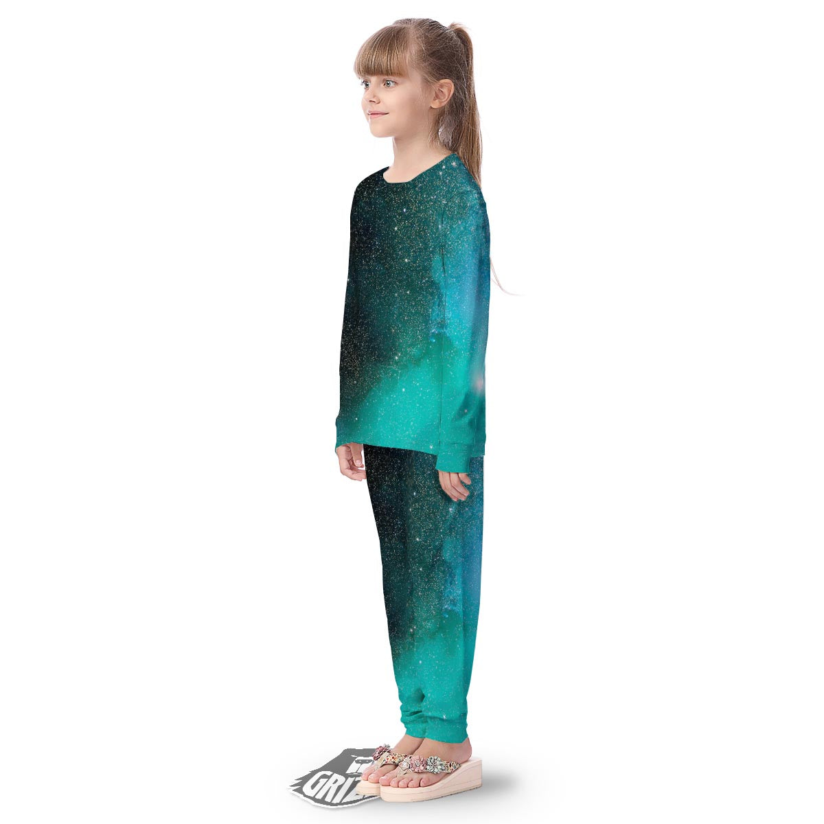 Galaxy Space Teal Stardust Print Kid's Pajamas-grizzshop