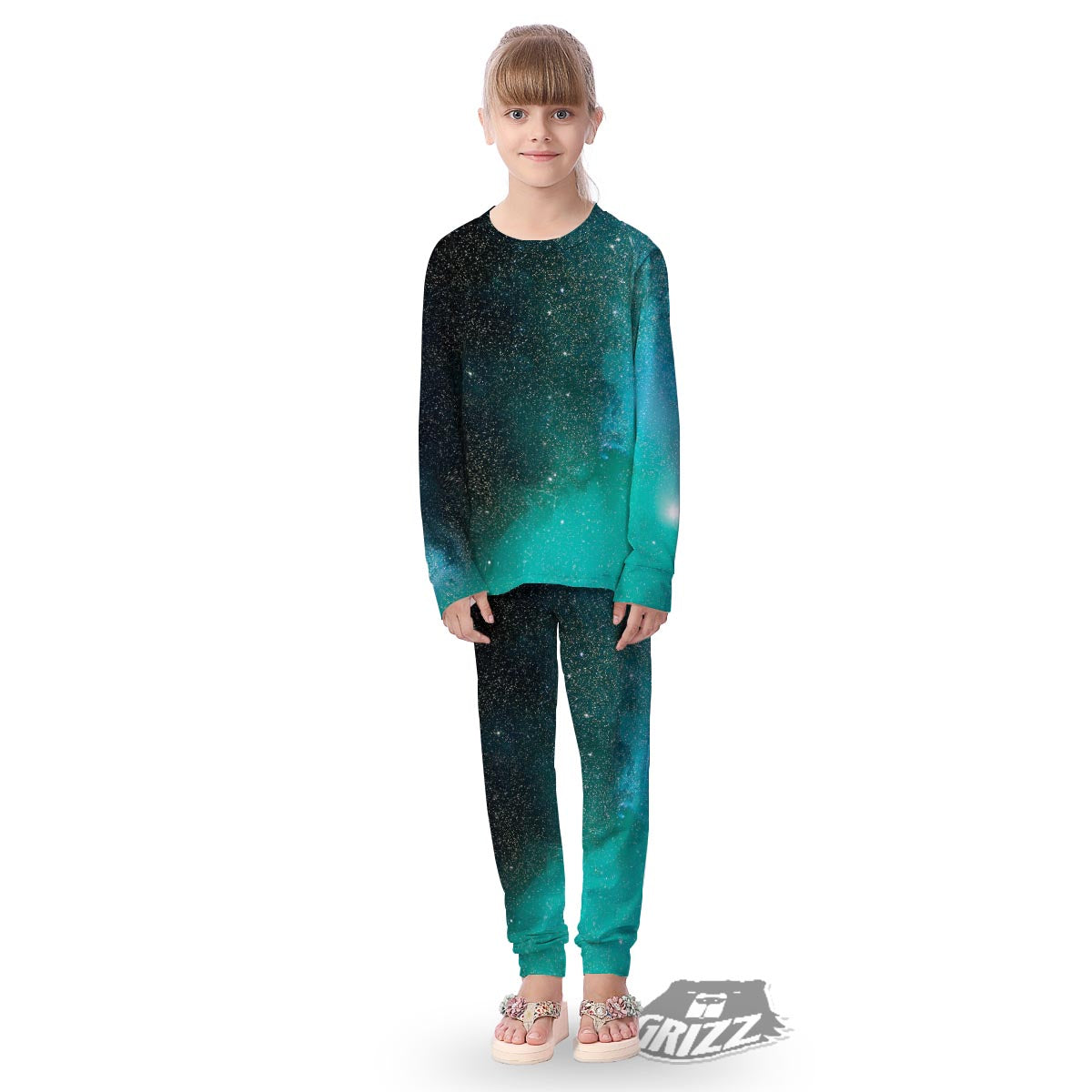 Galaxy Space Teal Stardust Print Kid's Pajamas-grizzshop