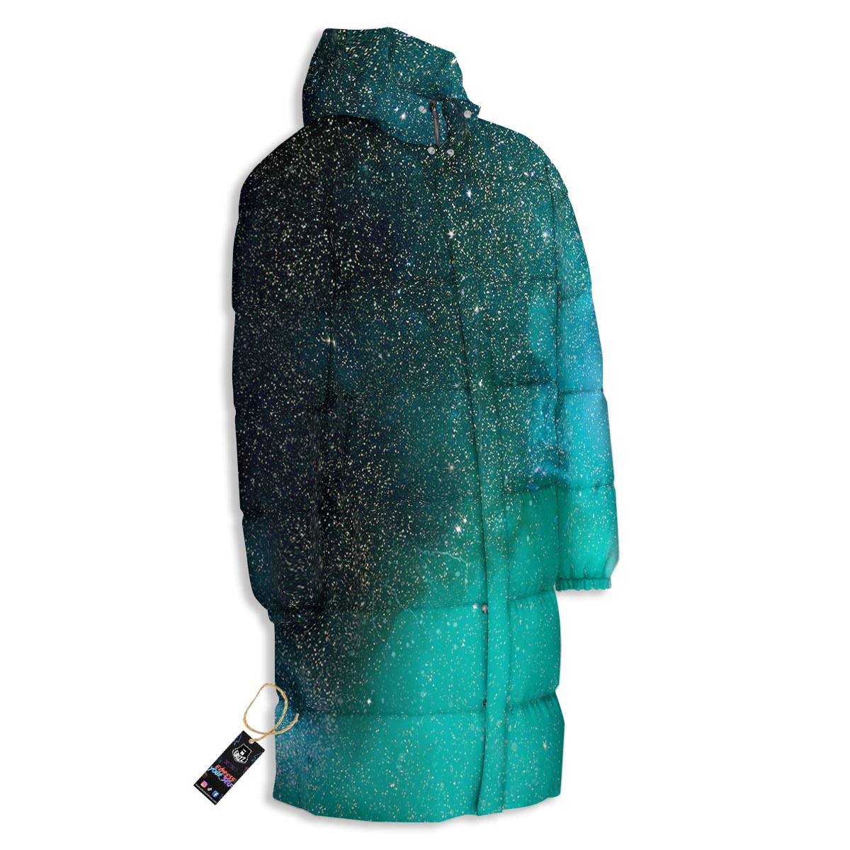 Galaxy Space Teal Stardust Print Long Down Jacket-grizzshop