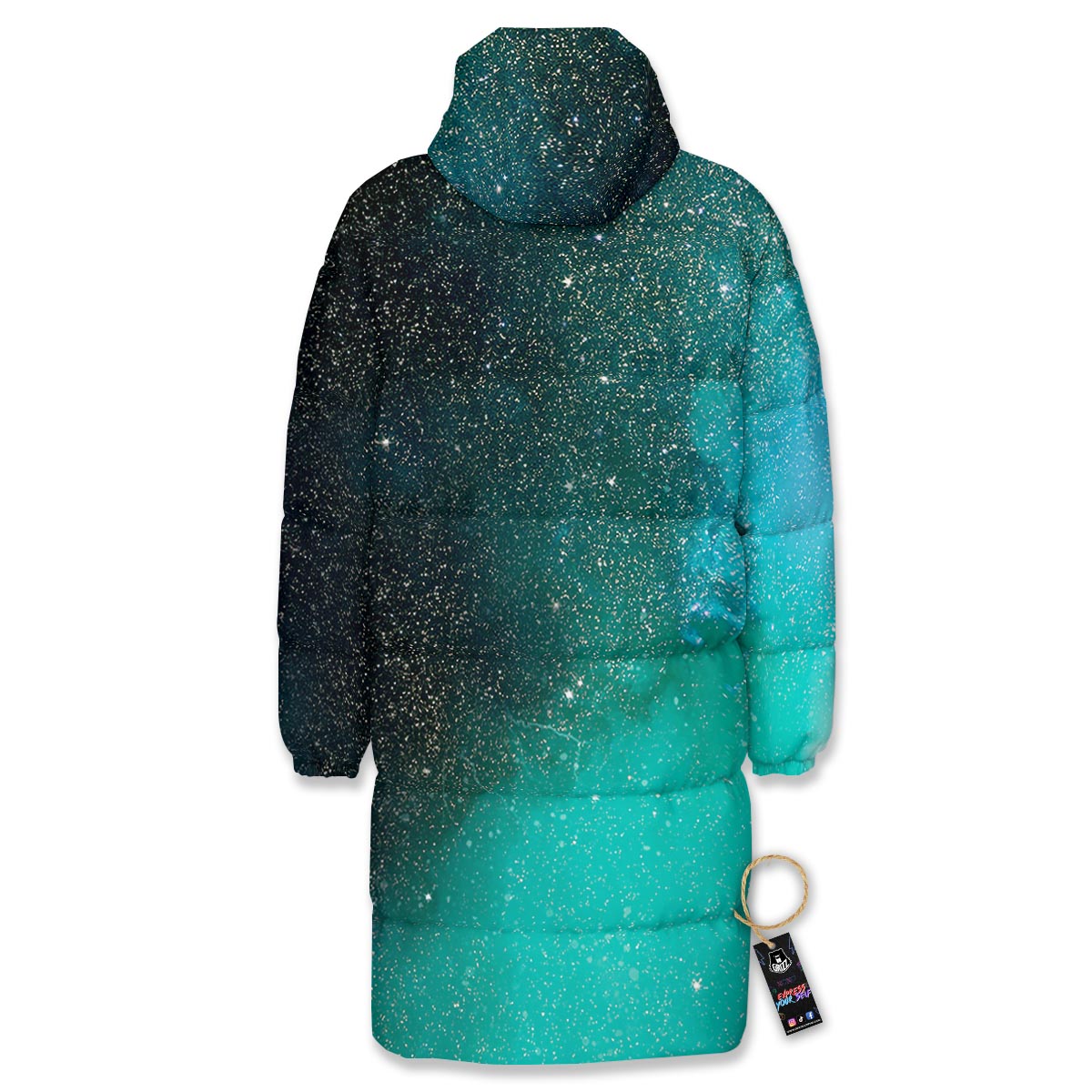 Galaxy Space Teal Stardust Print Long Down Jacket-grizzshop