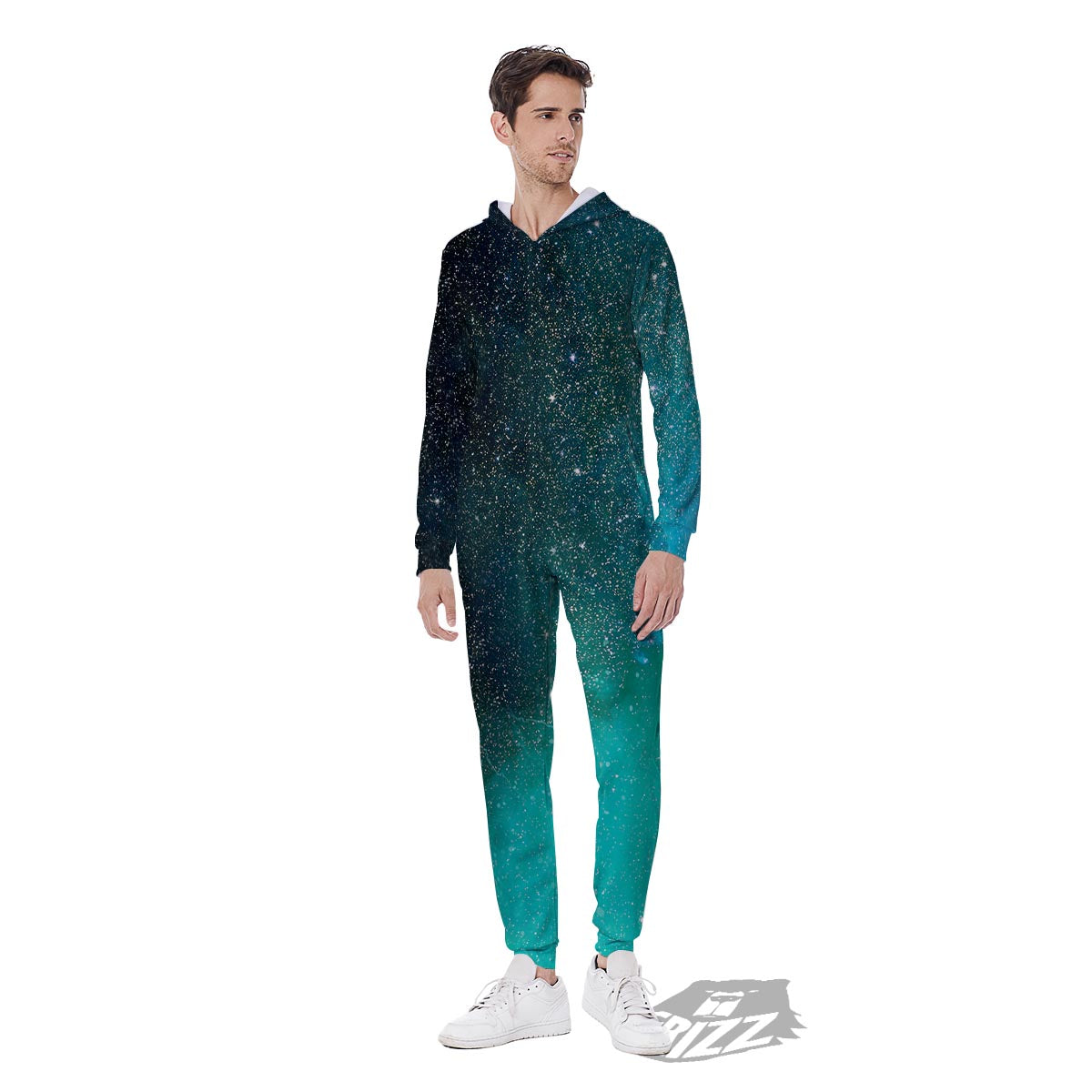 Galaxy Space Teal Stardust Print Men's Jumpsuit-grizzshop