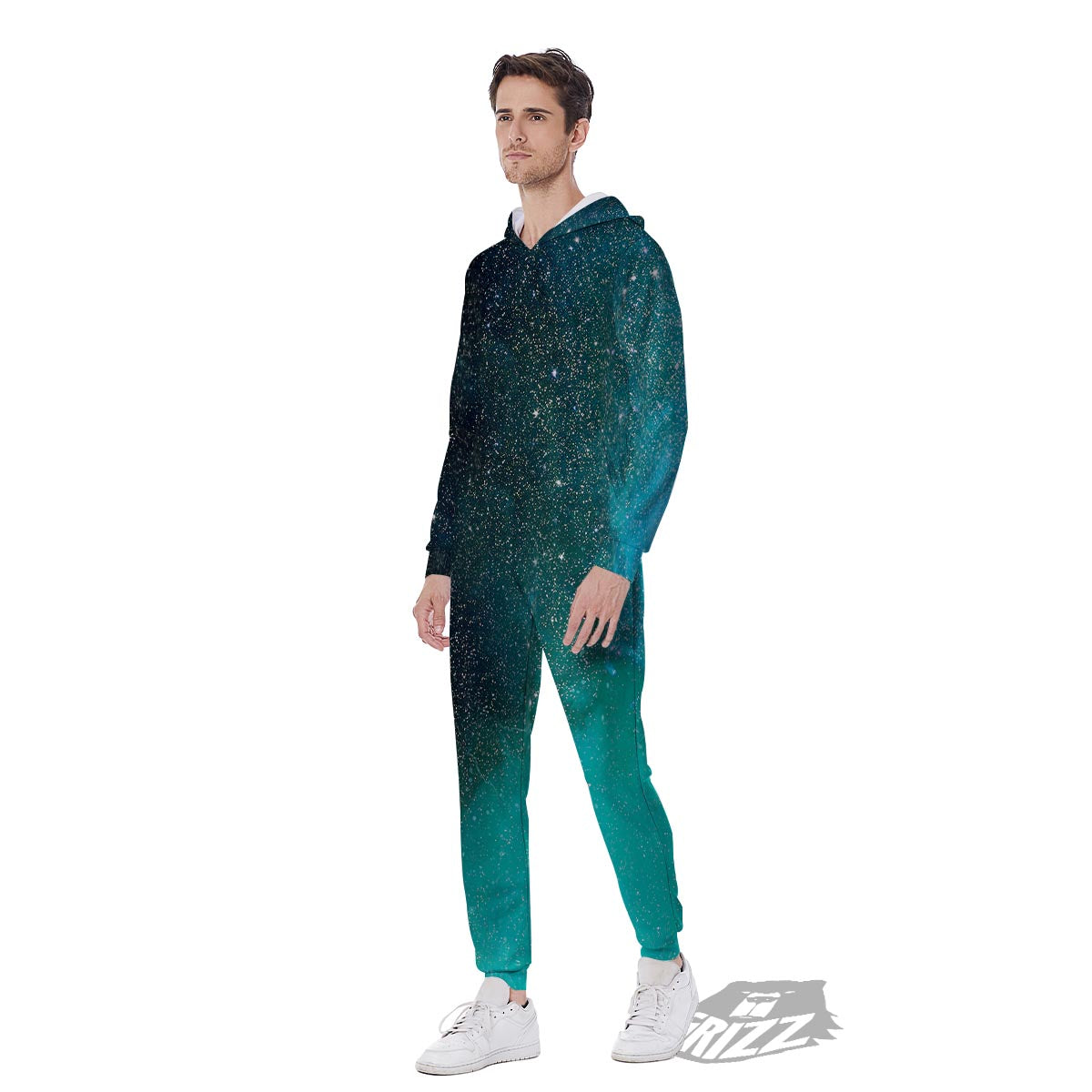 Galaxy Space Teal Stardust Print Men's Jumpsuit-grizzshop