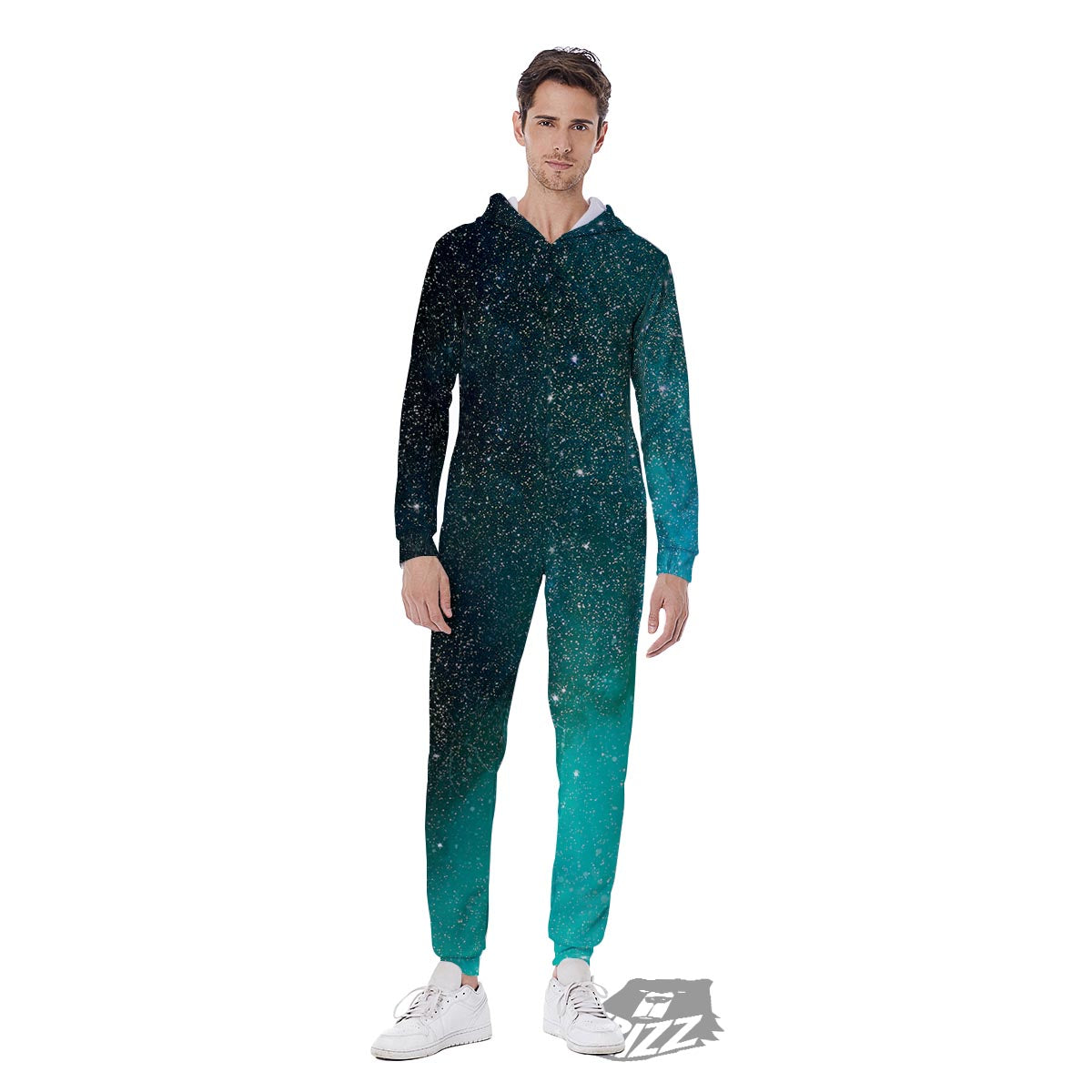 Galaxy Space Teal Stardust Print Men's Jumpsuit-grizzshop