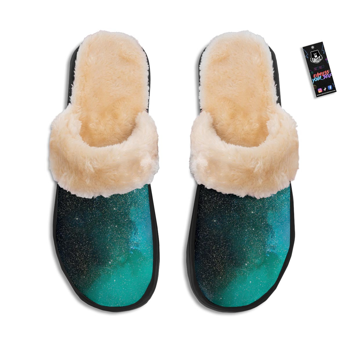 Galaxy Space Teal Stardust Print Slippers-grizzshop