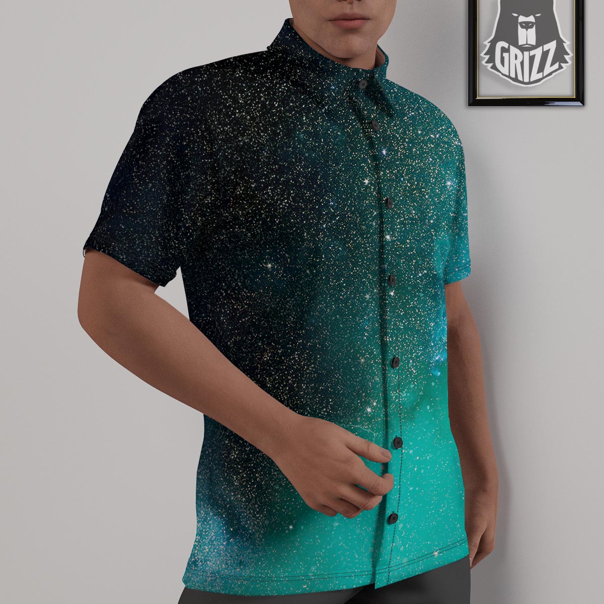 Galaxy Space Teal Stardust Print Untucked Shirts-grizzshop