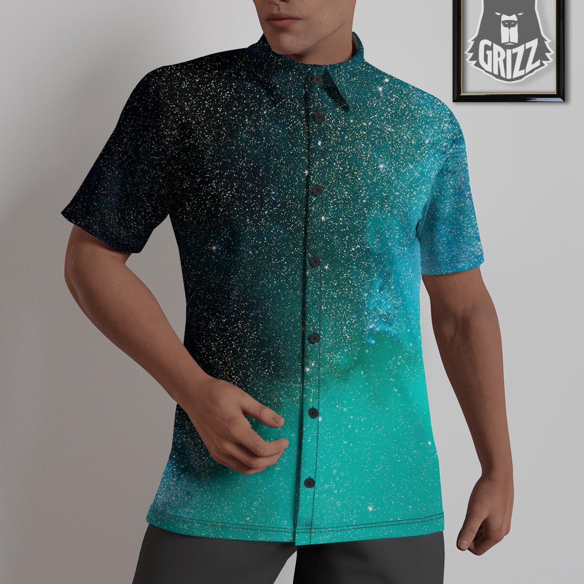 Galaxy Space Teal Stardust Print Untucked Shirts-grizzshop