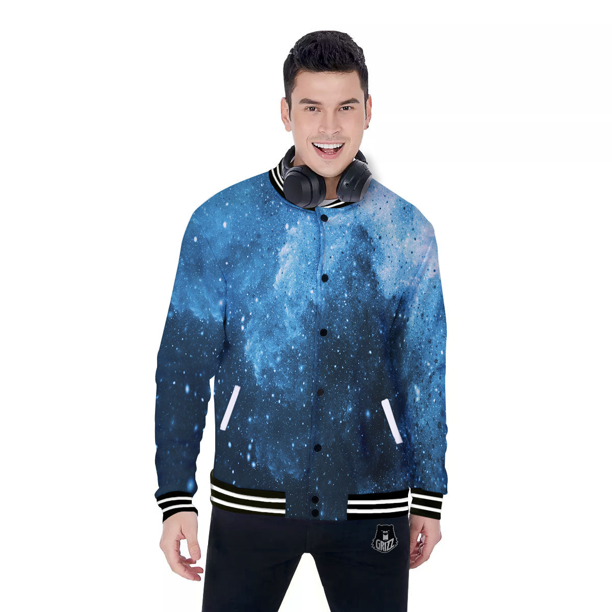 Galaxy Space White Cloud Print Baseball Jacket-grizzshop