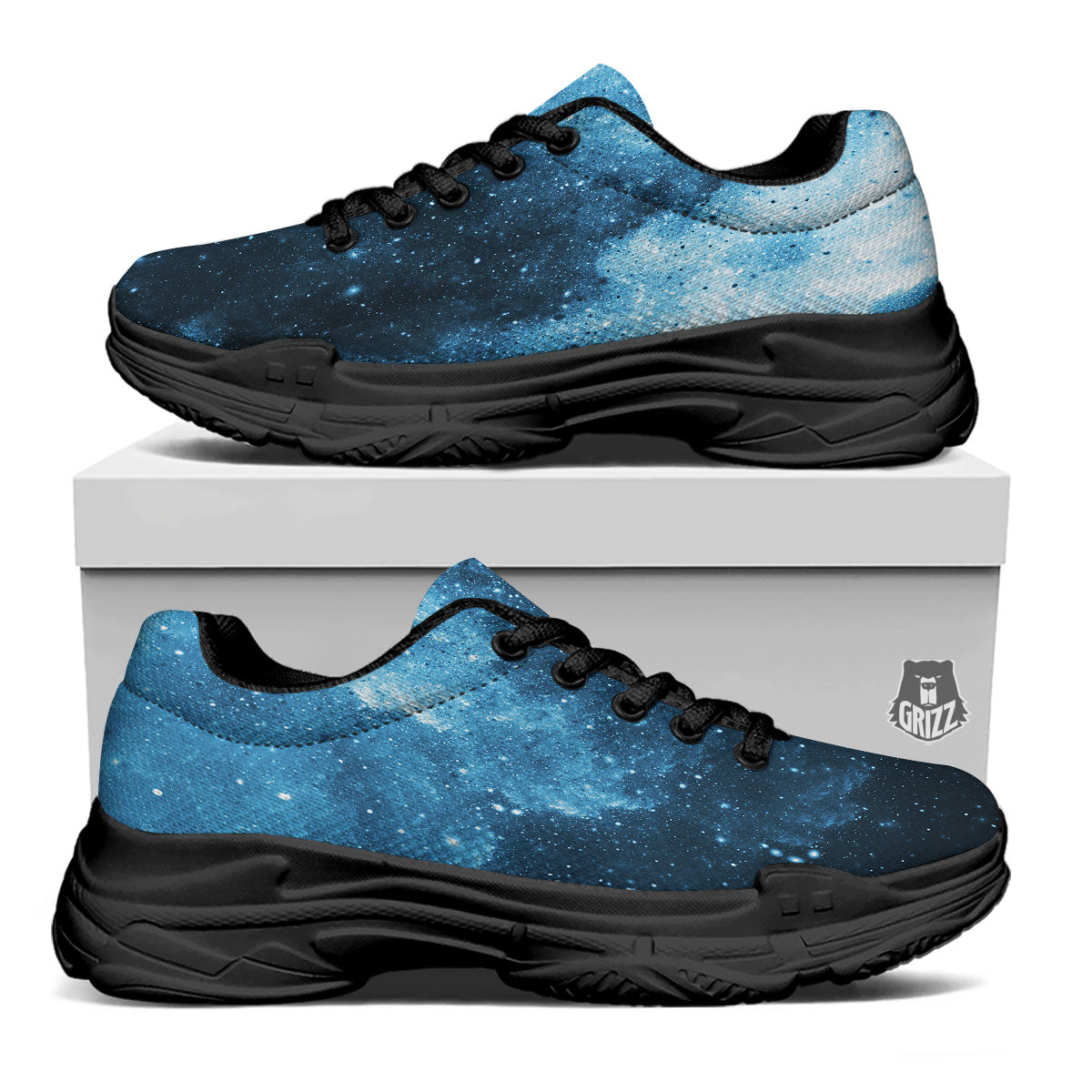 Galaxy Space White Cloud Print Black Chunky Shoes-grizzshop