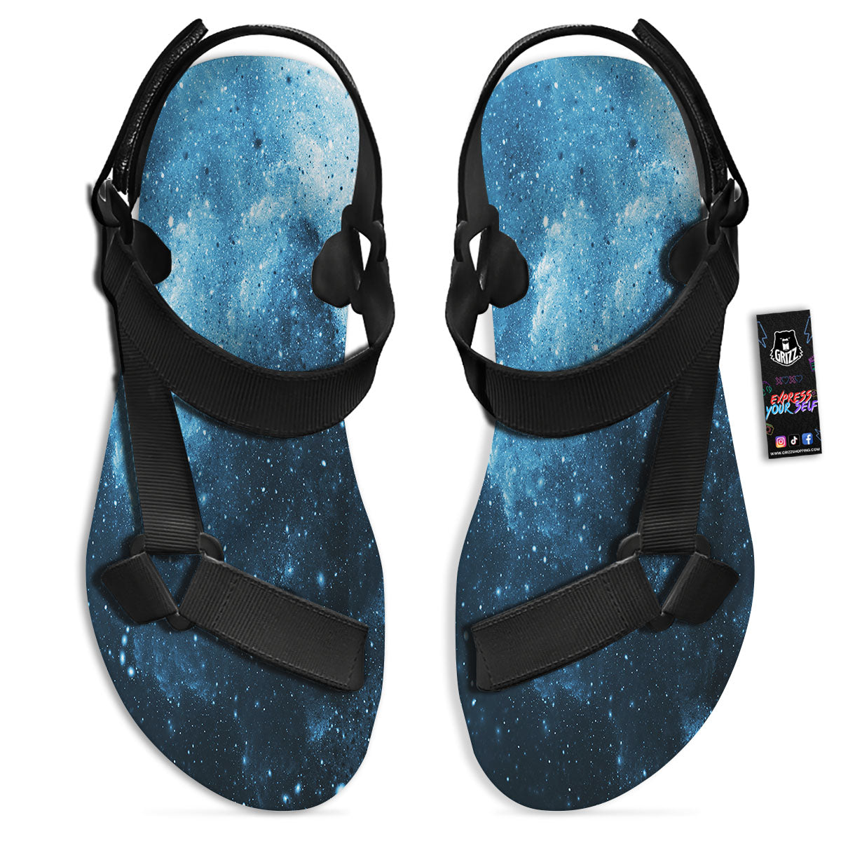 Galaxy Space White Cloud Print Black Open Toe Sandals-grizzshop